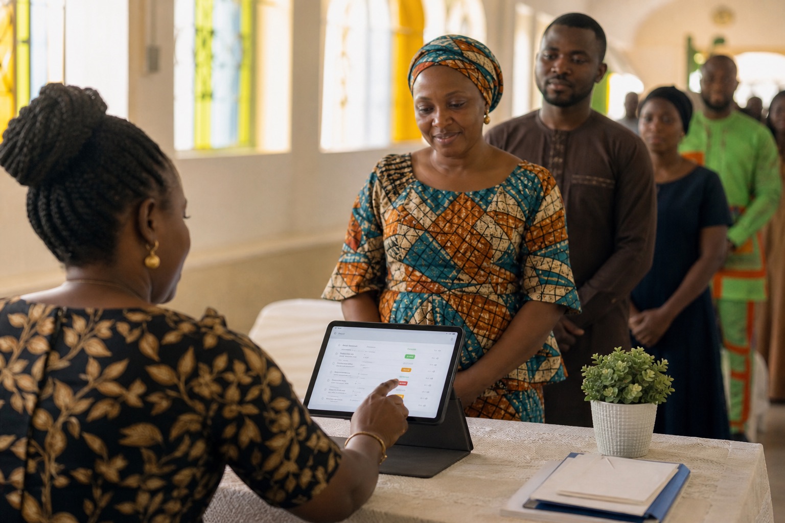Community operations team using software at a welcome desk